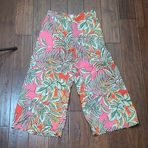 C&C California 100% Linen Colorful Tropical Print Wide-Leg Cropped Pants -Medium